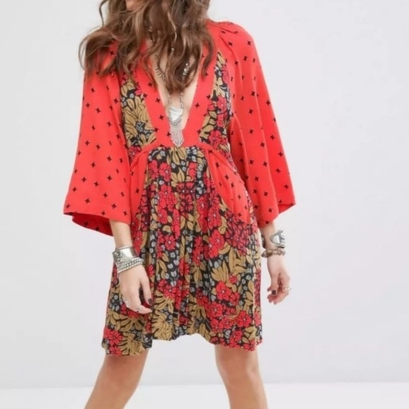 Free People Dresses & Skirts - Free People Tallula Poppy Orange Deep-V Mixed Floral Boho Dress Size S